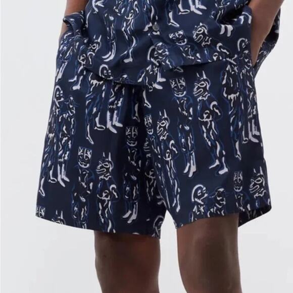 Wood Wood Shorts Mens L Elton JC Drapey Twill Navy Blue Abstract Artzy Jerkcurb - Picture 1 of 14